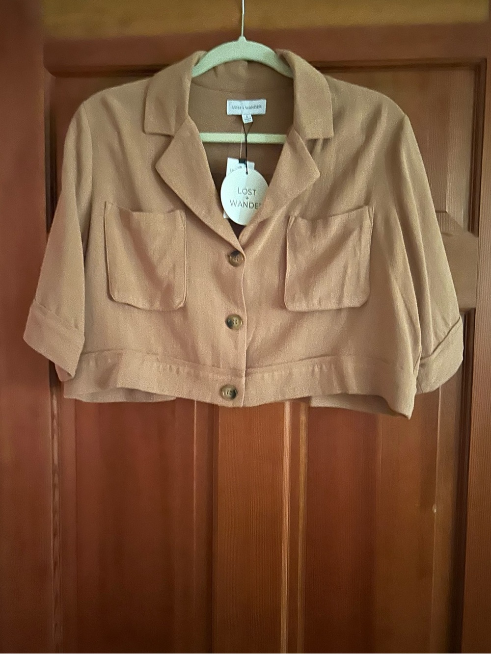 Lost + Wander Cropped Button-Down Shirt Jacket in Camel